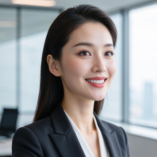 Forty year old female technology executive headshot wearing black blazer and white blouse, modern office background, professional smile